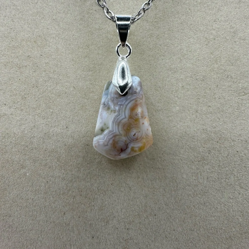 Ocean Jasper Pendant Necklace on Silver Stainless Steel Chain - Picture 6 of 6